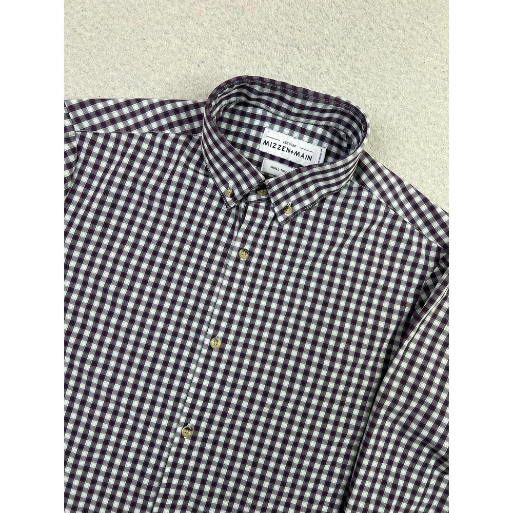 Mizzen+Main Leeward Dress Shirt Mens Small Purple Gingham Trim‎ Fit Stretch LS